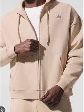 ALO Yoga Men’s Cream Full-Zip Hoodie Sweatshirt